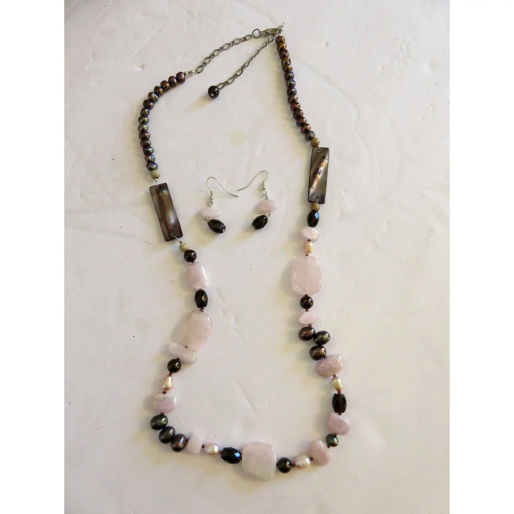 Rose Quartz & Freshwater Pearl Beaded Necklace and Earring Set Pink Brown Silver